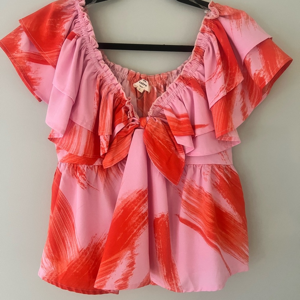 Entro Pink and Red Flutter Sleeve Blouse with Ruffled Tie Front